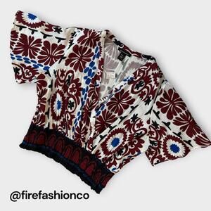 Ashley Stewart NEW Boho Hippie Graphic Blouse White Red Blue Cream Cotton 2X